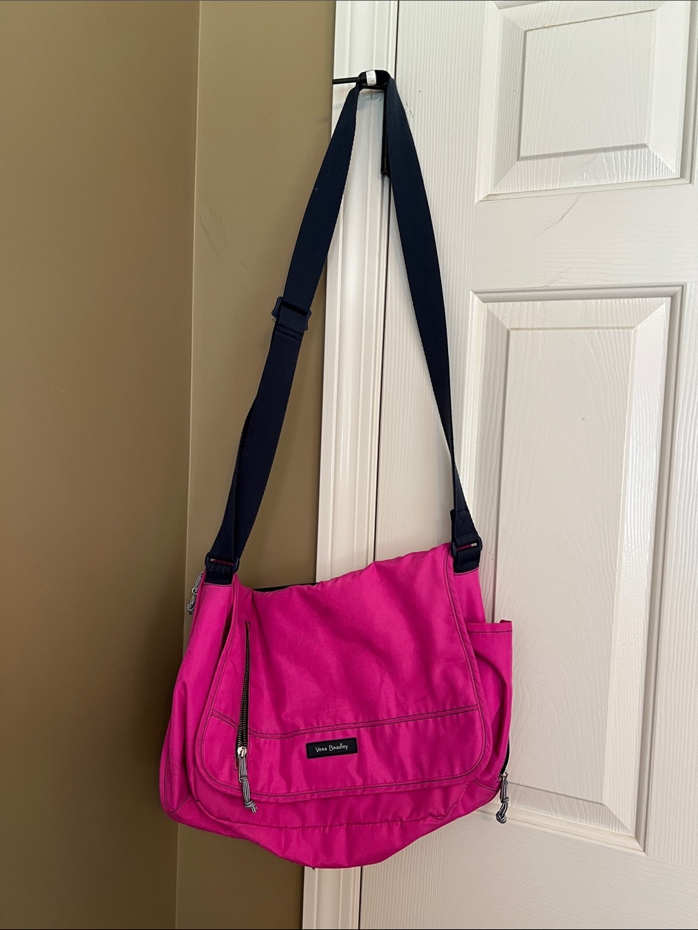Vera Bradley Fuchsia Crossbody Messenger Bag with Blue Strap